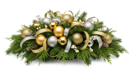 A festive Christmas centerpiece with gold and silver ornaments, greenery, and ribbons.