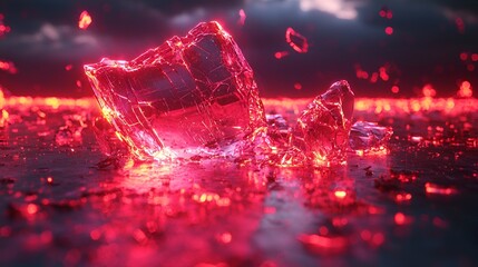Glowing red crystal fragments on fiery ground.