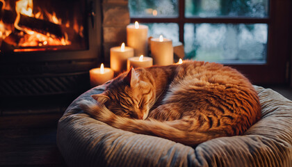 Sleeping orange tabby cat on a cozy bed.
