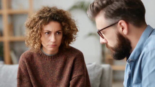 Tension Unveiled: A woman with curly hair and a man with a beard sits in a intimate setting, showcasing a nuanced expression of emotional turmoil.