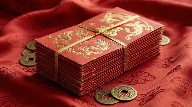Stacks of decorative red envelopes tied with gold ribbon, resting on rich red fabric adorned with intricate patterns, showcasing traditional currency, camera gradually zooms in for detailed view