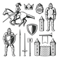 Medieval knight, castle, armor, weapon, and crown element set isolated on white background, Vector