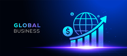 Global business growth vector with rising bar chart and world globe icon in neon blue. Modern financial technology concept suitable for investment, marketing, and economic presentations.