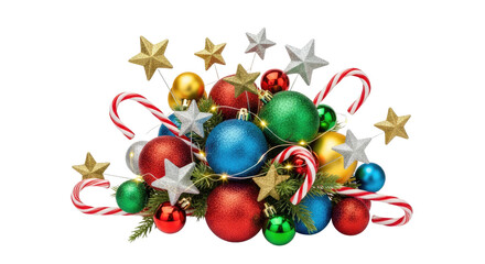 A colorful Christmas centerpiece with candy canes, ornaments, and greenery.
