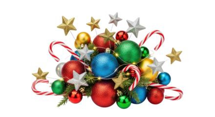 A colorful Christmas centerpiece with candy canes, ornaments, and greenery.