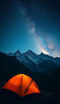 Chitral peaks shimmer under starry Milky Way, tent glows softly,  peak,  starry night