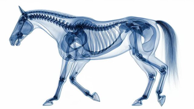 Horse skeleton x ray vdo displaying detailed bone structure and skeletal mapping horizontal composition with transparent blue tones, highlighting anatomy, movement, spine, ribs, skull, legs, tail