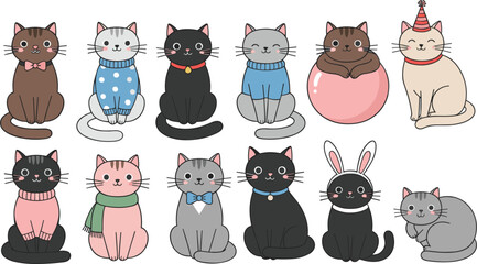 Cute cartoon cat vector set featuring adorable kittens in sweaters, scarves, costumes and party hats in various poses