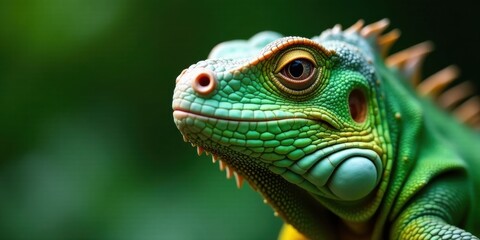 Obraz premium Close-up Profile of a Vibrant Green Lizard with Detailed Scales and Intricate Texture
