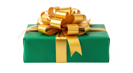 A green gift box with a gold ribbon and bow on a png transparent