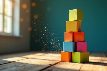 Colorful blocks forming a vibrant pyramid on a rustic wooden surface, bathed in warm sunlight, with magical dust particles floating in the air