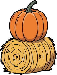 Pumpkin on hay bale, autumn harvest decoration, seasonal illustration, vector sketch, cad drawing, fall festival, Thanksgiving theme, rustic farm template