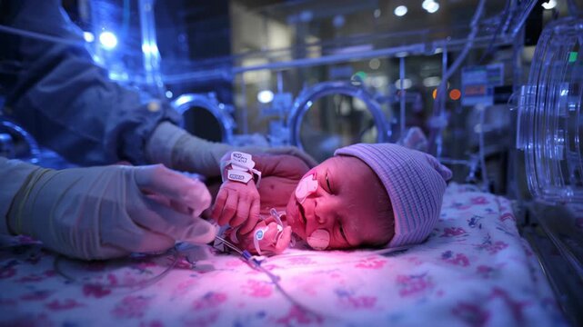 Premature infant in neonatal intensive care incubator monitored by micro sensors with clinician hands providing medical care and advanced healthcare support for newborn baby