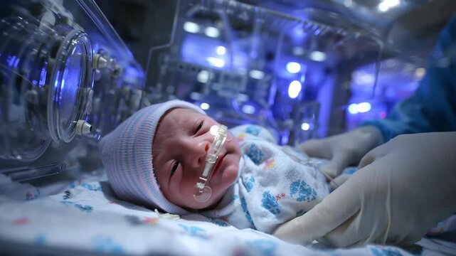 Premature infant in neonatal incubator with nasal oxygen tube and medical monitoring, healthcare professional wearing gloves providing care in hospital intensive care unit newborn healthcare medical