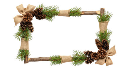 A rustic Christmas frame with pine branches, pine cones, and burlap ribbons on a png transparent