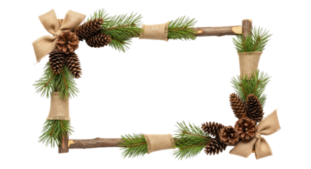 A rustic Christmas frame with pine branches, pine cones, and burlap ribbons on a png transparent