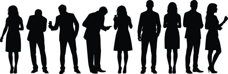 Group of people silhouettes using mobile phones vector collection, men and women standing with smartphones, communication, technology, and social media icons, black silhouette crowd set.