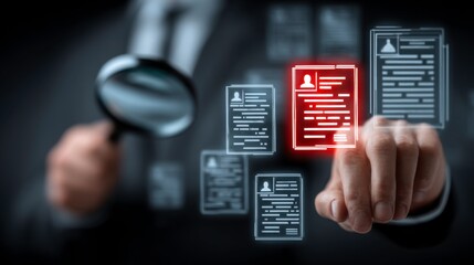 Businessman Analyzing Digital Documents with a Magnifying Glass