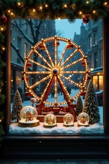 A Festive Holiday Window Display Featuring a Miniature Ferris Wheel, Illuminated with Warm Lights, and Surrounded by Snow-Covered Evergreens and Charming Snow Globes Depicting Winter Village Scenes