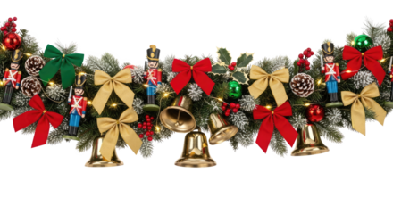 A festive Christmas garland with red and gold bows, bells, and ornaments, png transparent