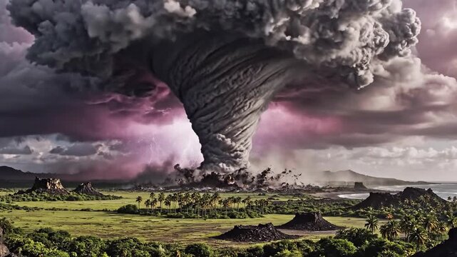 Massive volcanic eruption with lightning storm and ash cloud over lush green landscape