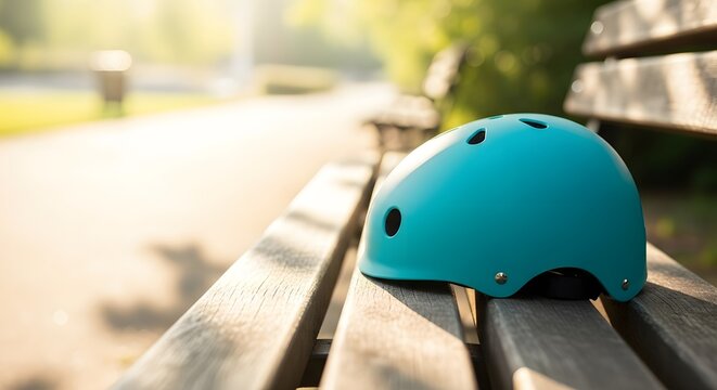 A child's protective helmet resting peacefully on a wooden park bench during golden hour, representing safety and outdoor play concept - Powered by Adobe