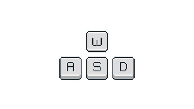 8-bit pixel art wasd game keyboard buttons. looped animation 4k 30fps