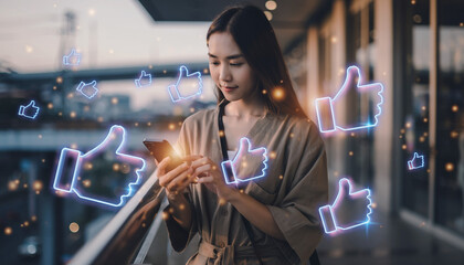 Young woman checking her mobile phone outdoors, surrounded by glowing neon thumbs-up like icons, symbolizing social media feedback.