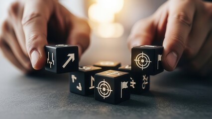 Leadership tactical cubes arranged manually using detailed depth and bright softly faded background blur