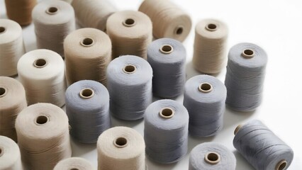 Flat lay of recycled fabric spools on white. Sustainable fashion, eco-friendly materials, and textile production concept