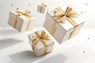 Obraz premium Floating Glossy Christmas Gift Boxes with Sparkling Ribbons on Pure White Background – Premium 8K Festive Visual
