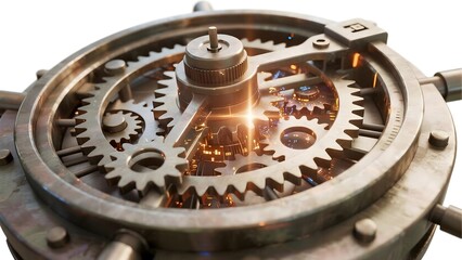 Bank vault wheel with digital core on white. Conceptual image for fintech security, blockchain, cryptocurrency, and encrypted transactions