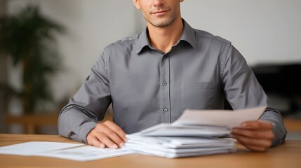 A professional man sits at his desk reviewing a stack of papers and documents in a modern office setting
