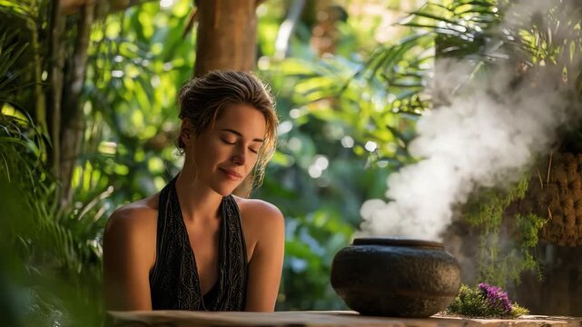 Tranquil Wellness: A woman closes her eyes, embracing serenity as steam wafts from a ceramic pot amidst lush greenery, promoting inner peace.