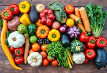 Vibrant colorful array of fresh fruits and vegetables on rustic wooden surface, lifestyle, fresh