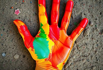 Vibrant, multicolored handprint on textured surface, abstract, creative