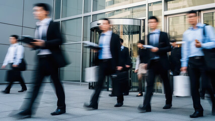 Abstract view of diverse business people in motion blur, actively entering a sleek glass office building with modern architecture.