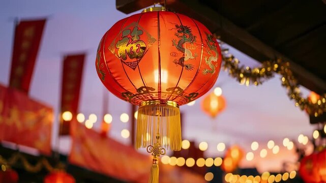Vibrant red lanterns illuminated against a twilight backdrop, showcasing intricate designs and festive decorations, as the camera smoothly zooms in to capture the enchanting ambiance of the celebratio