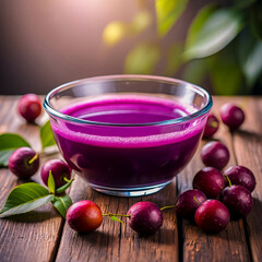 Freshly squeezed jabuticaba juice in a glass bowl, surrounded by the exotic Brazilian grapetree fruits on a rustic wooden surface.