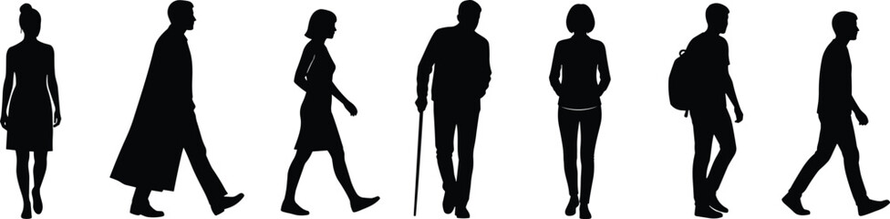 Silhouette diverse walking figures, casual and formal attire, black vector art, lifestyle variation, age and style representation illustrationv