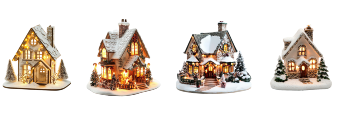 Four miniature Christmas houses with snow and lights.