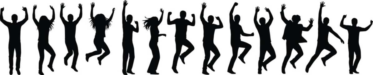 Silhouette group jump celebration, dynamic poses, black vector art, joyful movement, unity gesture, 
