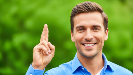 A cheerful man in a blue shirt smiles confidently, pointing upwards with his index finger, signifying agreement, approval, or a brilliant idea on a vibrant green background.