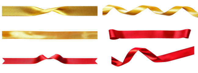 Collection of ribbons of different colors and textures against a white background.