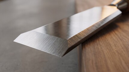 Macro image of a polished steel chisel edge showing intricate marks and refined craftsmanship. Strong cinematic tool aesthetic.