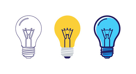 A Trio of Light Bulb Icons An Outline, a Yellow Illumination, and a Blue Glow