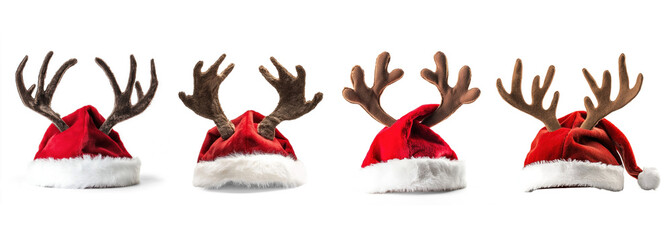 Collection of reindeer antlers on a white background.