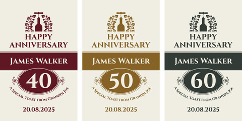 Vector set of custom name labels with a wine bottle, branch of hops, corkscrew and inscriptions on a background in vintage style. Anniversary or birthday. No ai
