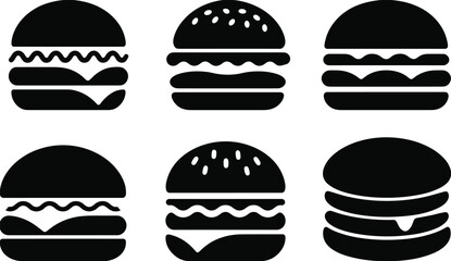 Minimalist solid black burger icon set featuring various hamburger styles with sesame buns, layers, and fillings in bold silhouette design