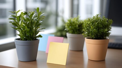 Potted green plants and colorful sticky notes arranged on a wooden desk in an office setting